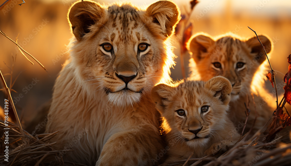 Obraz premium Lioness and cub in the wild, nature beauty and tranquility generated by AI