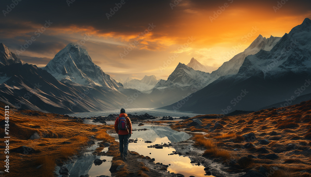 Fototapeta premium One person hiking mountain peak, backpack in snow, winter generated by AI