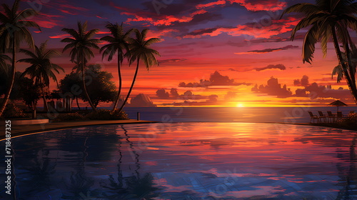 sunset at a tropical beach with water and palm, generative AI