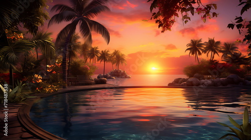 sunset at a tropical beach with water and palm, generative AI