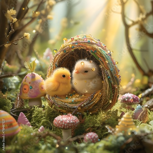 Chicks in the basket woven from rainbow-colored strands, with easter eggs © Koko Art Studio