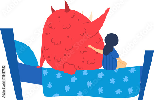 Illustration of a blue little girl in bed looking at a giant red monster. Child faces her nightmares, bedtime fears. Overcoming fear, brave kid, night terrors vector illustration.