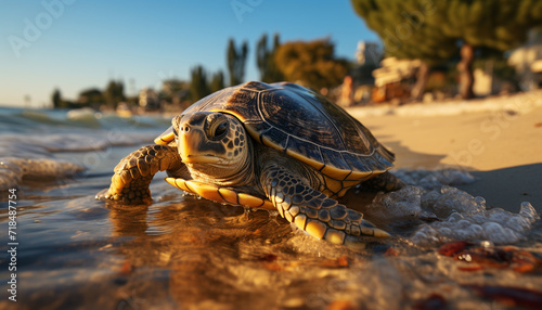 Turtle crawls on sand, slow and cute, enjoying summer generated by AI © Jemastock