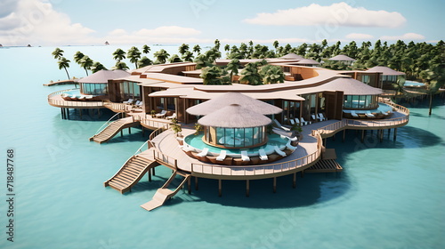 a beautiful beach resort with large wooden, generative AI © imam