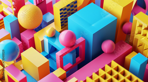  Isometric 3D background with geometric shapes in vibrant colors.