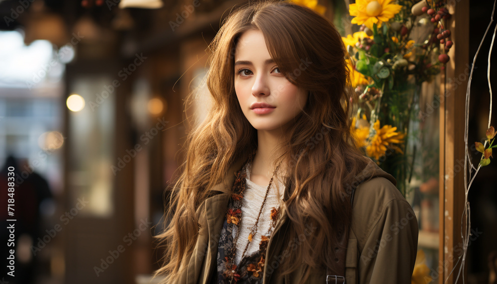 A young woman with brown hair smiling outdoors, looking at camera generated by AI A young woman with brown hair smiling outdoors, looking at camera generated by AI