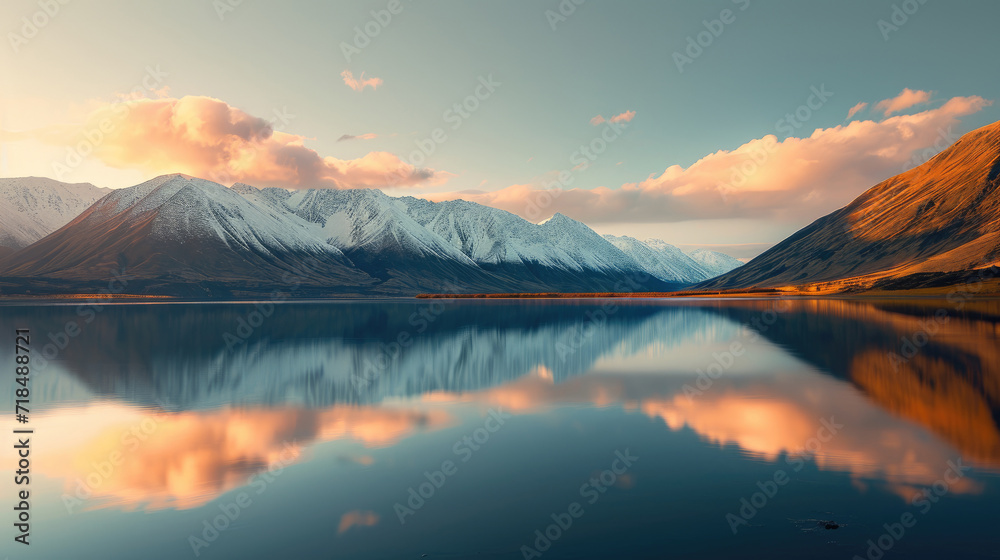 Fototapeta premium Beautiful landscape of mountains with calm lake at sunrise