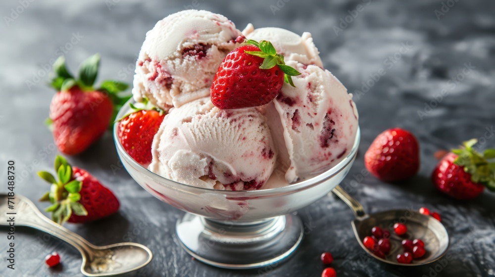 Sweet creamy ice cream with strawberries topping Sweet creamy ice cream with strawberries topping