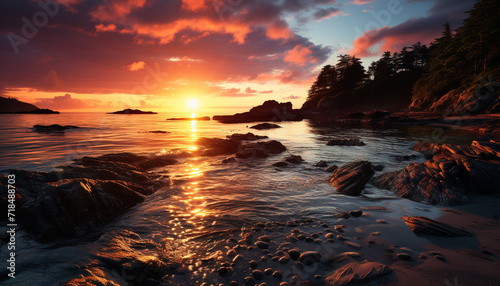 Sunset over the tranquil coastline  reflecting the beauty of nature generated by AI