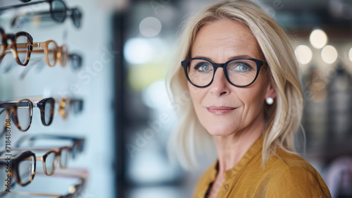 Caucasian middle aged woman wearing pair of glasses in optical store