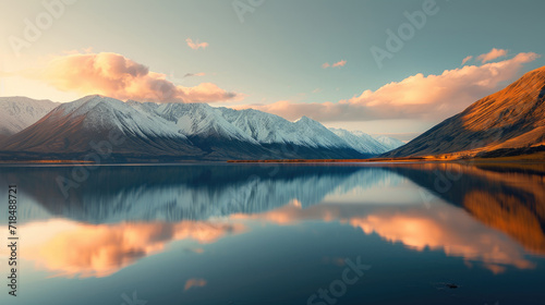 Beautiful landscape of mountains with calm lake at sunrise