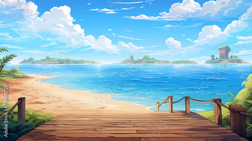 a boardwalk with two wooden boards into water and blue ocean  generative AI