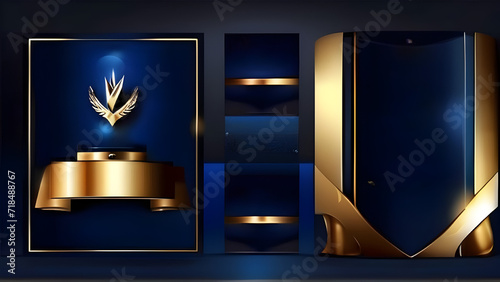 Dark Blue Golden Royal Awards Graphics Background. Lines Growing Elegant Shine Spark. Luxury Premium Corporate Abstract Design Template.