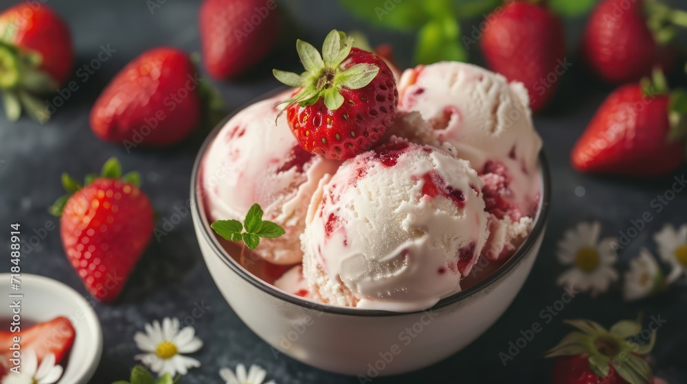Creamy ice cream topped with sweet strawberries.