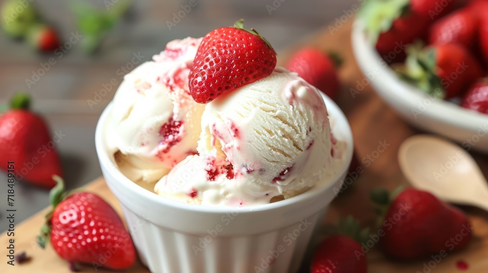 Creamy ice cream topped with sweet strawberries. Creamy ice cream topped with sweet strawberries.
