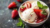 Sweet creamy ice cream with strawberries topping