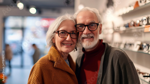 Caucasian middle aged woman and men wearing pair of glasses in optical store, selective focus