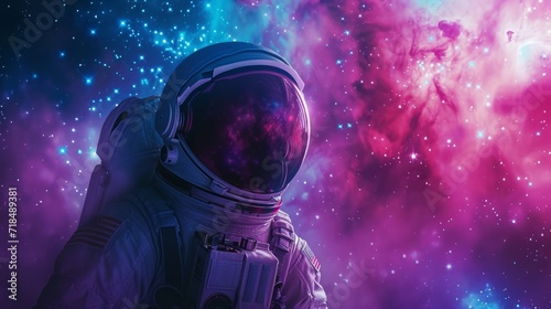 Astronaut in space with stars, a galaxy, a purple and blue nebula, and galaxies reflected in his helmet © Artem