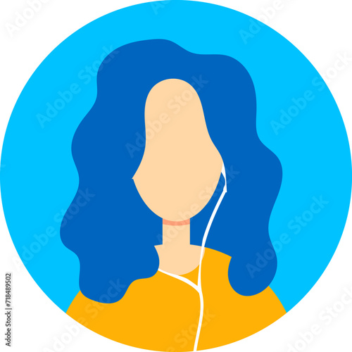 Young woman with blue hair wearing earphones. Modern female avatar, blue background, no face visible. Youth culture, digital icon vector illustration.