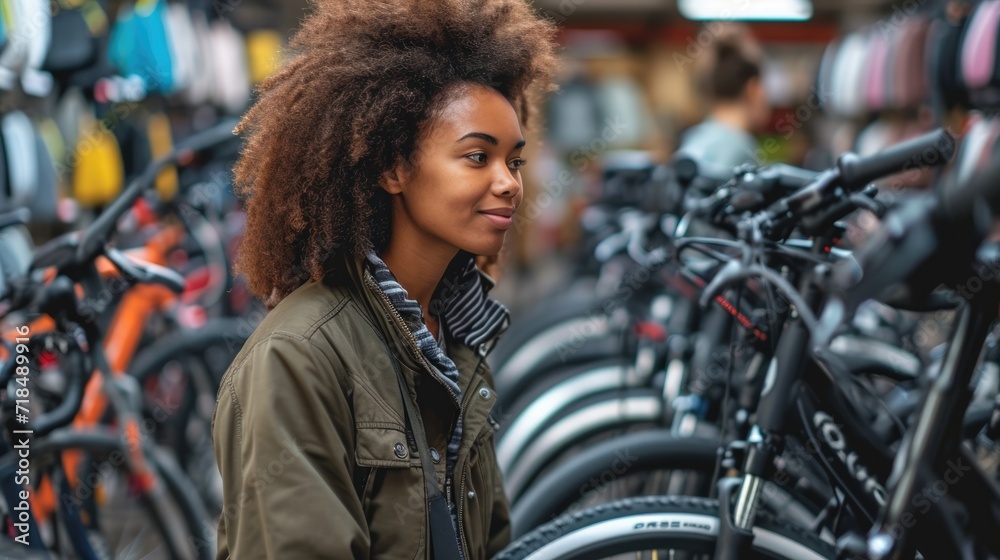 Female looking at electric bikes in a cycle store. Urban lifestyle concept. Female looking at electric bikes in a cycle store. Urban lifestyle concept.