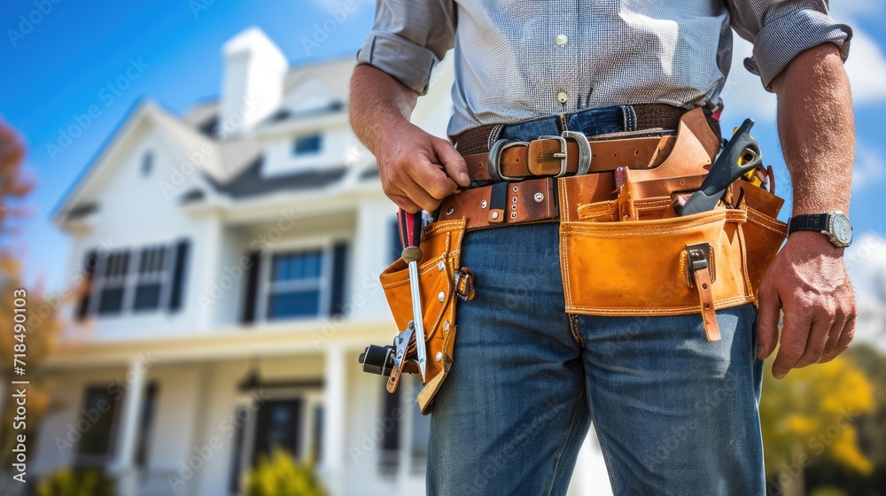 Maintenance worker with bag and tools kit wearing on waist. Maintenance worker with bag and tools kit wearing on waist.