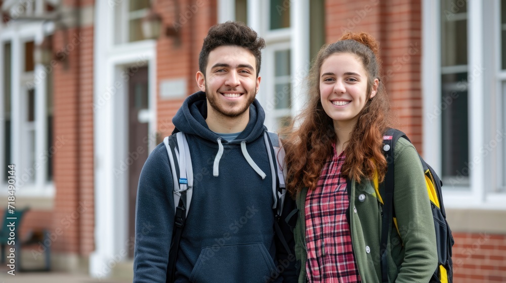 Happy man and woman students standing in front of building at campus. Happy man and woman students standing in front of building at campus.