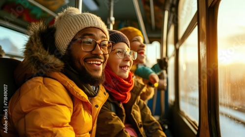 Happy family in a modern train. Family trip concept.