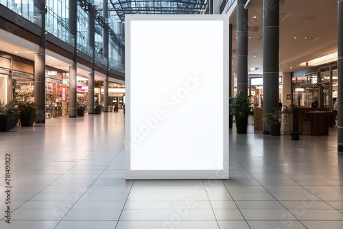 Modern bright interiors apartment with mockup poster frame, Clean exhibition hall interior with an empty white poster on concrete wall, city view, and daylight. Gallery concept. Generative AI