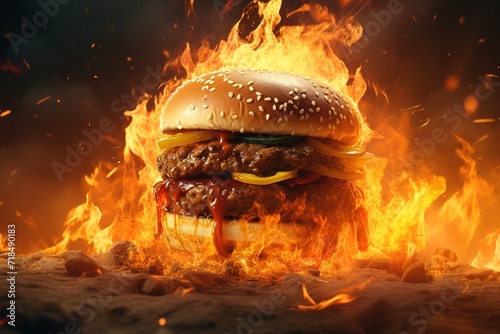 Delicious hamburger with fire flames, Big hamburger on dark background with reflection and real fire on backdrop Generative AI