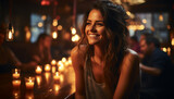A smiling young woman enjoying the nightlife, sitting in a nightclub generated by AI