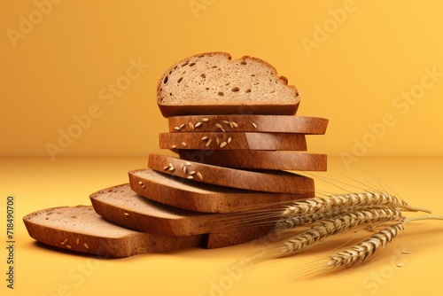 Rustic Rye Bread, Sliced and Stacked, Featuring Caraway Seeds, on a Yellow Background, Generative AI