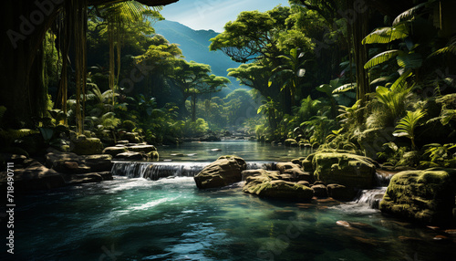 Nature beauty in a tropical rainforest  green trees  flowing water generated by AI