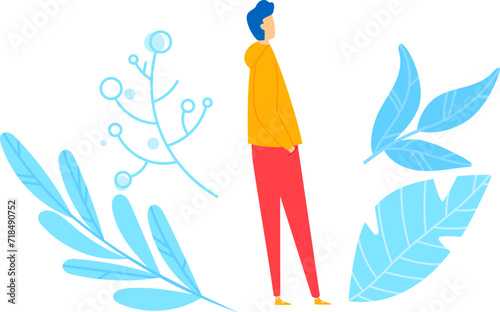 Young man standing and contemplating surrounded by stylized blue plants. Reflective mood, introspection with botanical elements vector illustration.