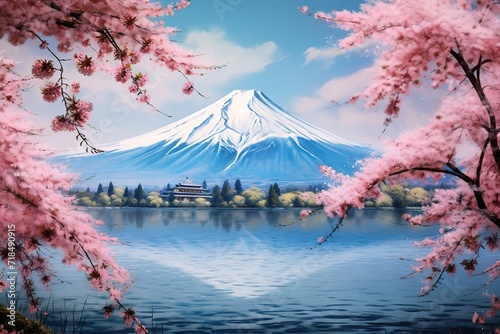 beautiful Mount Fuji with its snowy peak behind the plants and decorated cherry trees beside it. generative AI © original logo