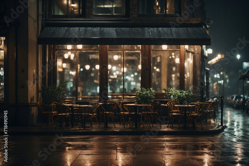 A cafe seen from the outside at night and rain without people