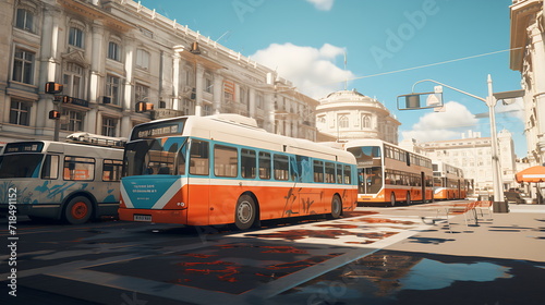buses driving down a city street. Generate Ai © imam