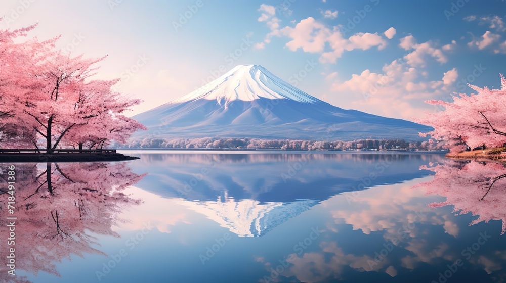Mount Fuji with its snowy peak behind the plants and decorated cherry trees beside it. generative Ai