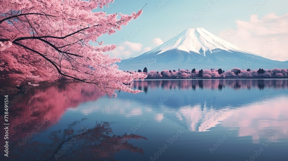 Mount Fuji with its snowy peak behind the plants and decorated cherry trees beside it. generative Ai
