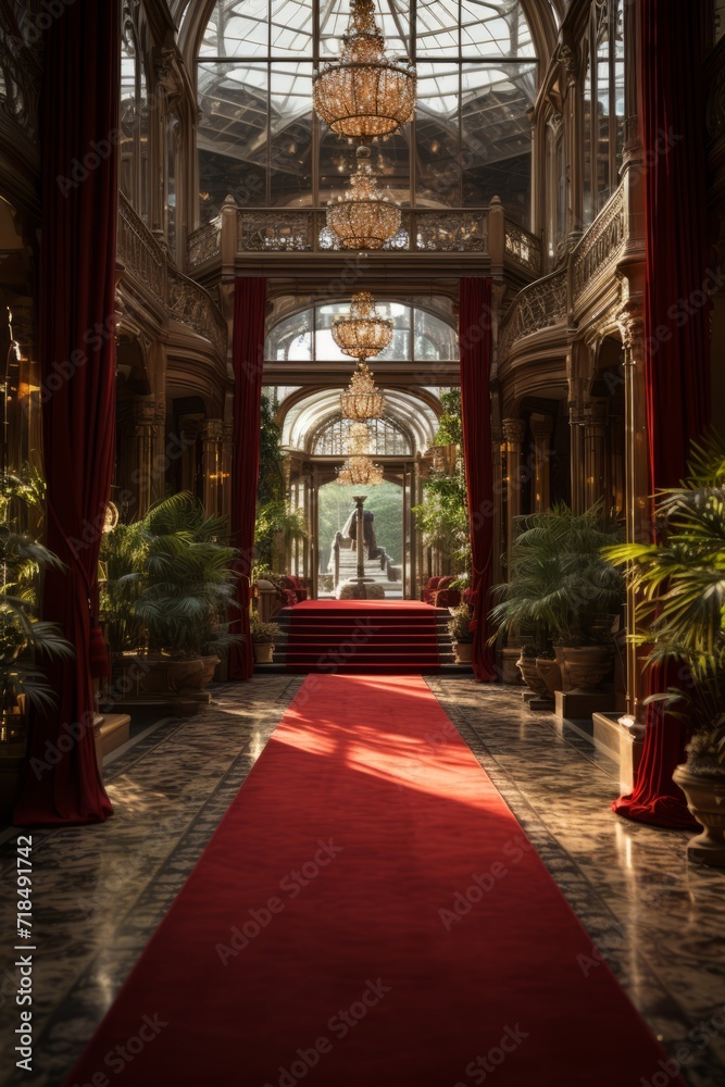Fototapeta premium Stunning red carpet entrance to the award ceremony venue, Generative AI