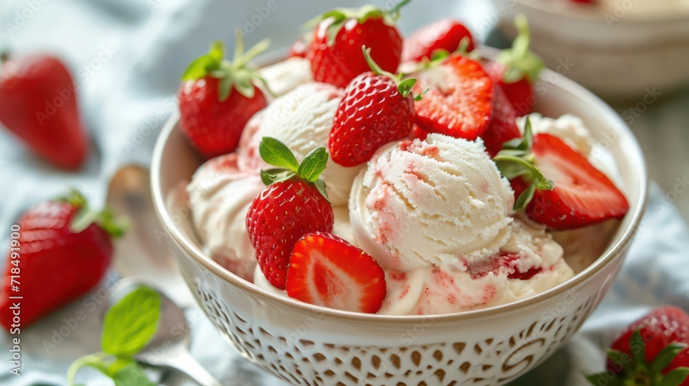 Enjoy a delightful dessert featuring sweet, creamy ice cream topped with juicy strawberries. Enjoy a delightful dessert featuring sweet, creamy ice cream topped with juicy strawberries.