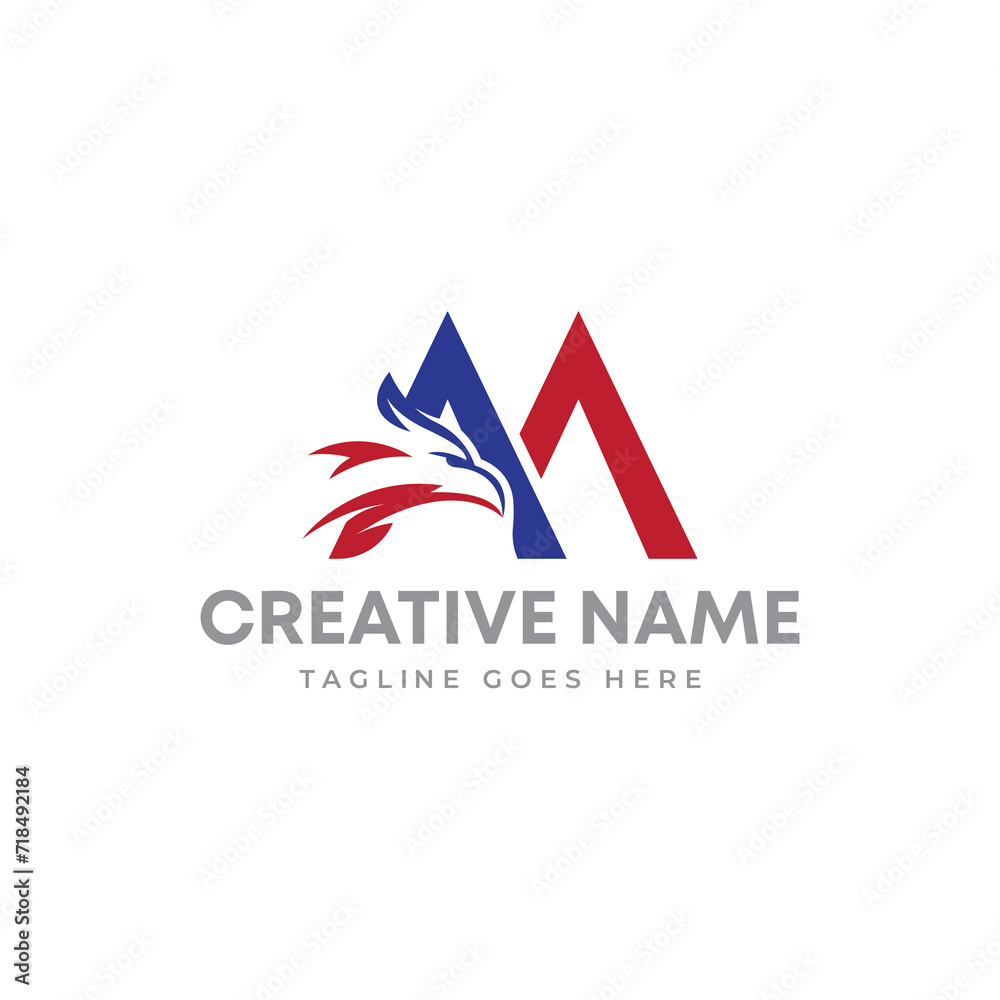 American flag color with eagle head and initial letter M logo. eagle and letter M logo mark. American flag color with eagle head and initial letter M logo. eagle and letter M logo mark.