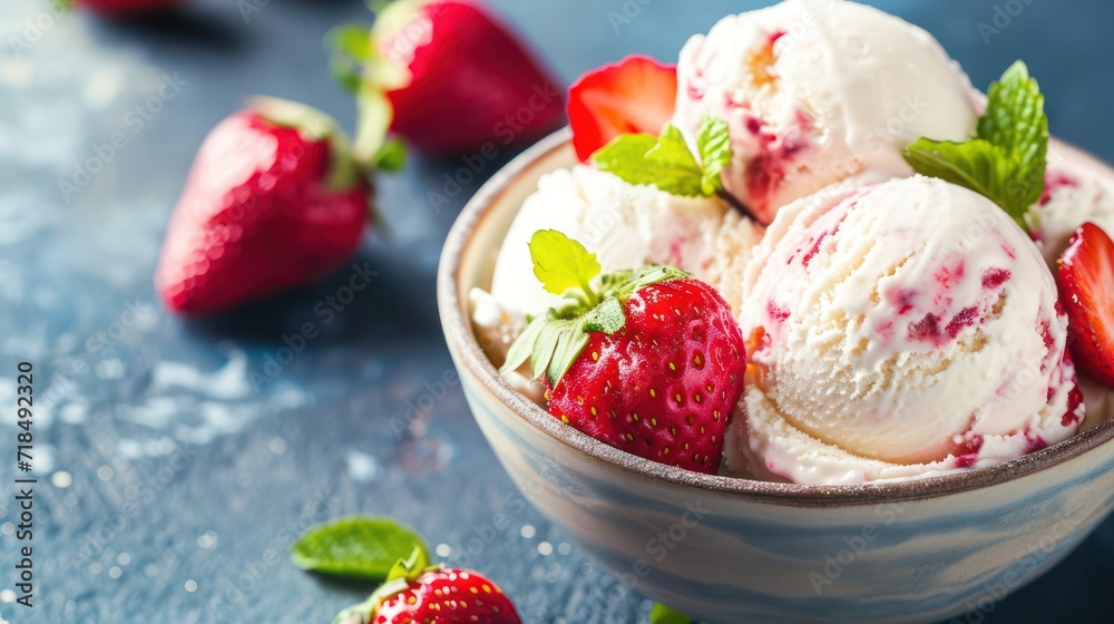 Dessert in the form of sweet creamy ice cream with strawberries topping Dessert in the form of sweet creamy ice cream with strawberries topping