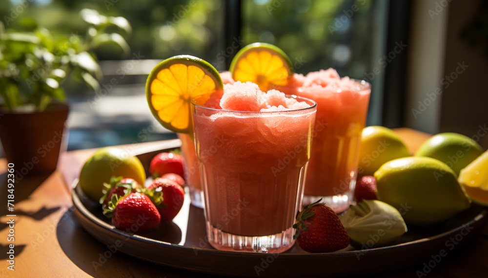 Freshness of summer in a close up strawberry cocktail on wooden table generated by AI Freshness of summer in a close up strawberry cocktail on wooden table generated by AI