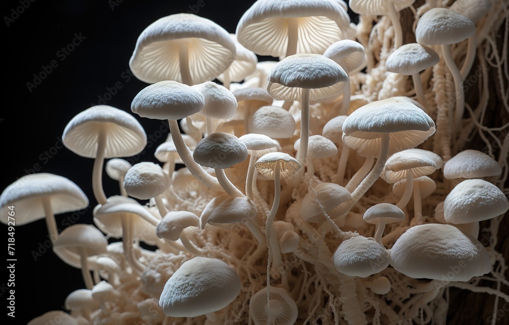 Some mushrooms are white in the photo on a black background. generative AI Some mushrooms are white in the photo on a black background. generative AI