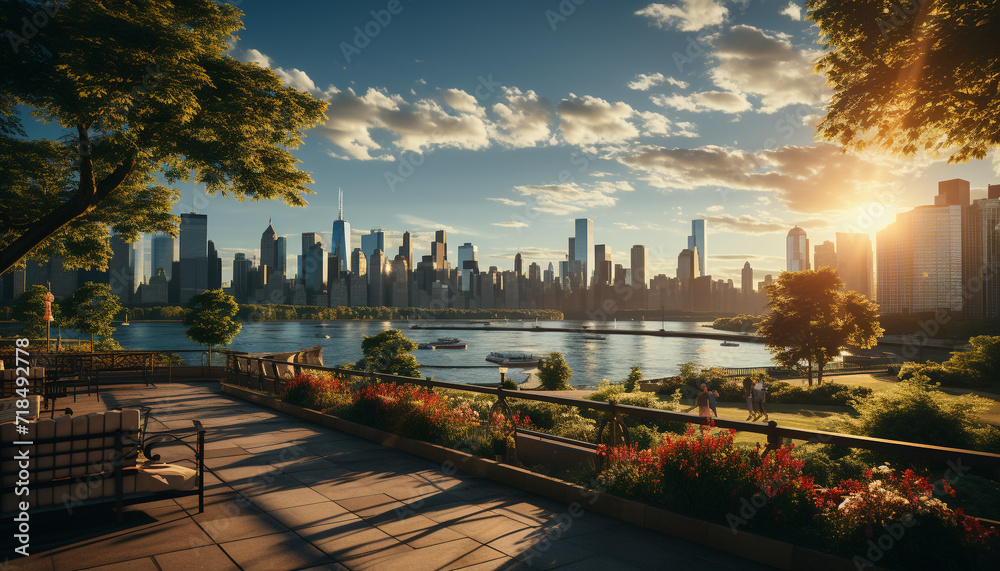 Obraz premium Skyscrapers illuminate city skyline at sunset by waterfront generated by AI