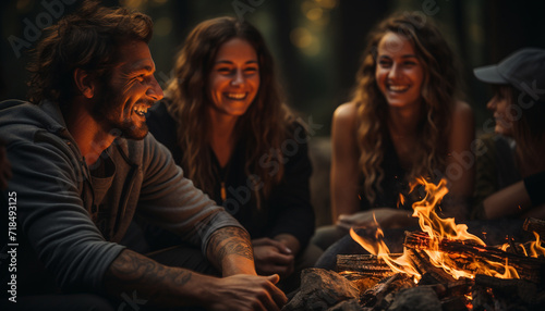 A group of young adults enjoying a cheerful campfire together generated by AI