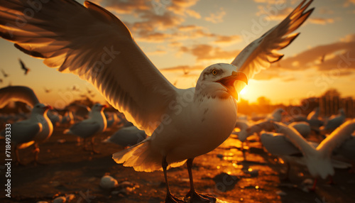 Seagull flying freely in nature, sunset illuminates its feathered wings generated by AI