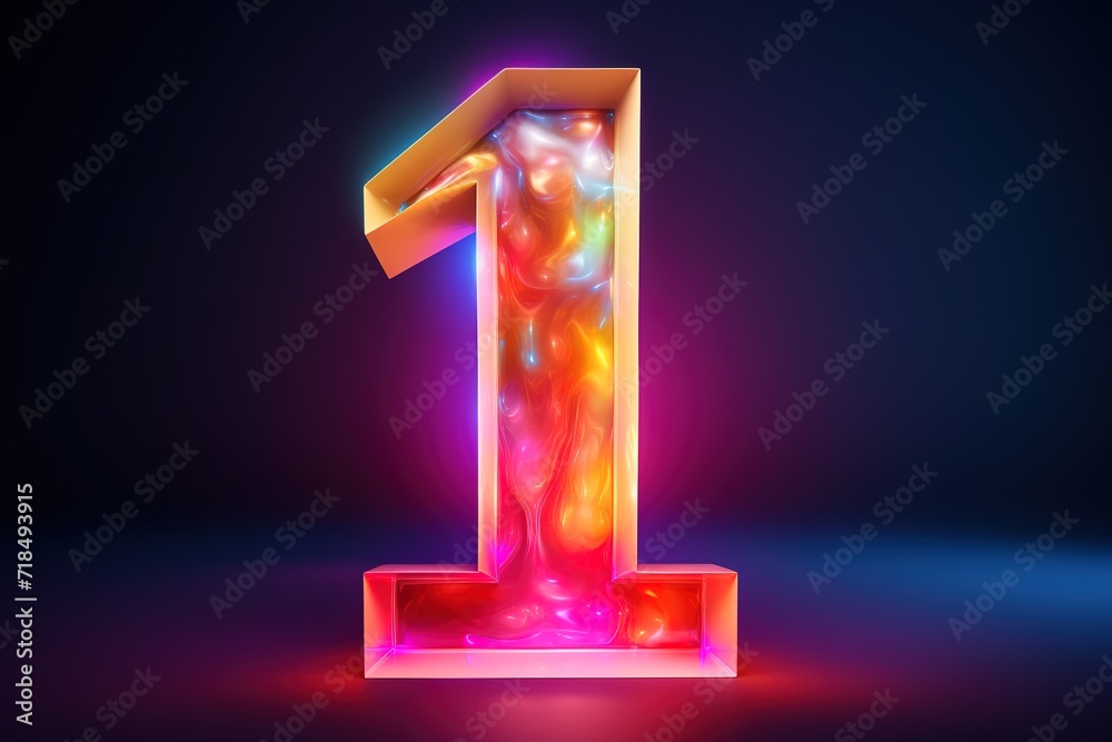 3d rendering, pink blue neon number one, isolated on dark blue background with reflection. Digital sign 1 glowing in ultraviolet light Generative AI 3d rendering, pink blue neon number one, isolated on dark blue background with reflection. Digital sign 1 glowing in ultraviolet light Generative AI