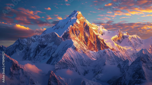 Magnificent view of snowy mountain peaks at sunrise