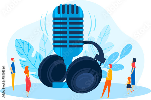 Tiny people enjoying music with a large microphone and headphones. Multimedia entertainment concept with characters. Music production and broadcasting vector illustration.